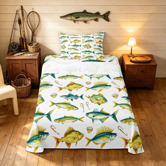 Manfei Fishing Gear Fish Twin Sheets, Cartoon Sealife Bedding, Teal Golden, 3pcs, 1 Flat Sheet, 1 Fitted Sheet and 1 Pillowcase
