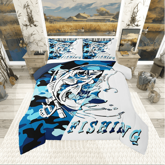 Manfei Fishing Hunting 2pcs Bedding Comforter Set,Blue Camouflage Twin Comforter Sets,Bass Fish Bedding Set,Super Cozy Abstract Bedroom Decorative,Reversible