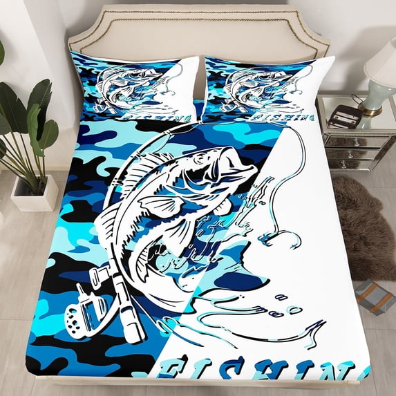 Manfei Fishing Hunting 3pcs Twin Sheet Sets,Blue Camouflage Twin Fitted Sheet,Bass Fish Breathable Flat Sheet,Abstract Bedroom Decorative