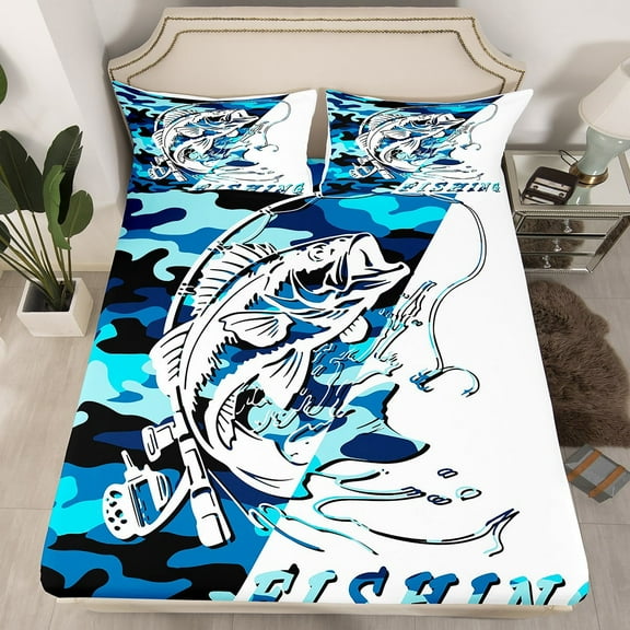 Manfei Fishing Hunting 4-Piece Full Size Sheets,Blue Camouflage Bed Sheets,Bass Fish Lightweight Sheet Sets,Abstract Bedroom Decorative