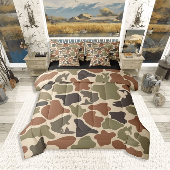 Manfei Fishing Hunting 7-Piece Bedding Comforter Set,Abstract Camouflage King Bedding Sets,Brown Green Ultra Soft Bed Sheets,Microfiber Teens Bedroom Decor,Reversible