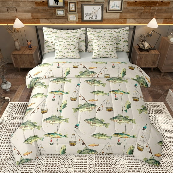 Manfei Fishing And Hunting 7-Piece Bedding Comforter Set,Bass Big Fish King Bedding Sets,Animals Marine Life Bed Sheets For Teens Boys,Breathable Home Decor Reversible