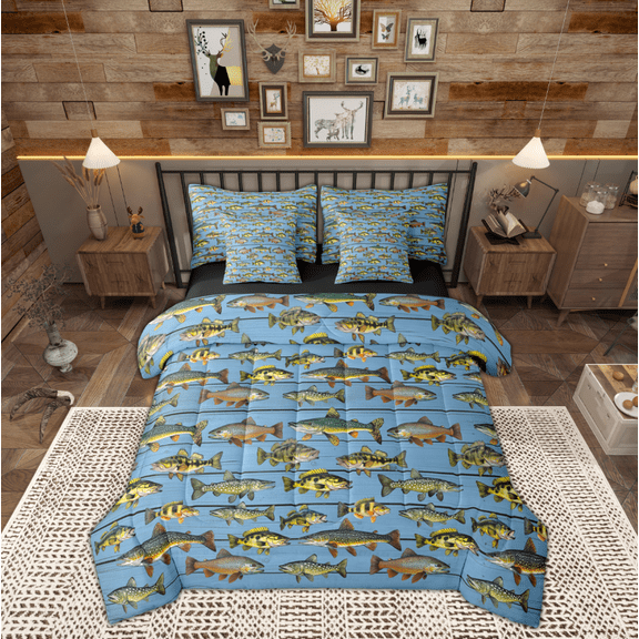 Manfei Fishing And Hunting 7-Piece Bedding Comforter Set,Rustic Farmhouse Cabin King Bedding Sets,Bass Big Fish Bed Sheets For Teens Boys,Breathable Home Decor Reversible