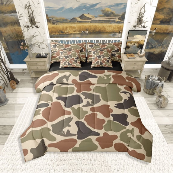 Manfei Fishing Hunting 7-Piece Twin Bedding Sets,Abstract Camouflage Bedding Comforter Set,Brown Green Breathable Sheet Sets,Microfiber Teens Bedroom Decor,Reversible