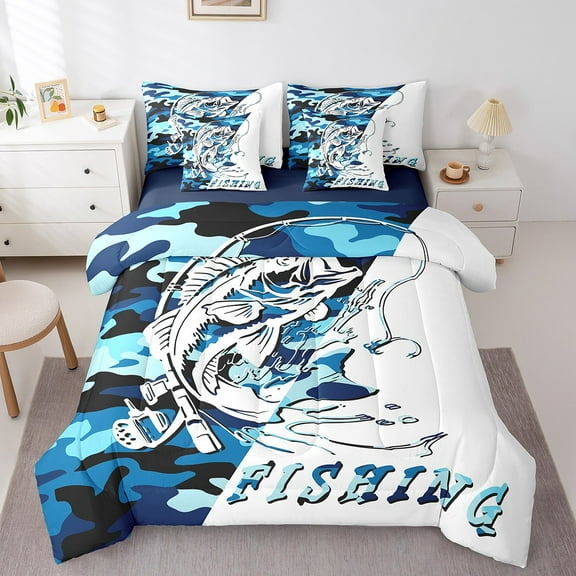 Manfei Fishing Hunting 7-Piece Twin Bedding Sets,Blue Camouflage Bedding Comforter Set,Bass Fish Breathable Sheet Sets,Super Cozy Abstract Bedroom Decorative,Reversible