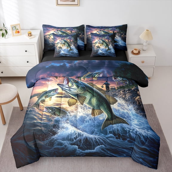 Manfei Fishing And Hunting 7-Piece Twin Bedding Sets,Lake Fish Bedding Comforter Set,Ocean Fish Sheet Sets For Teens Boys,Breathable Home Decor Reversible