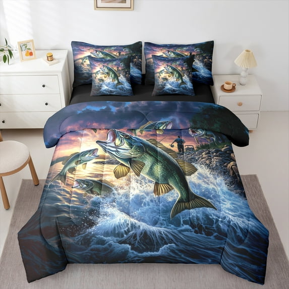 Manfei Fishing And Hunting 7-Piece Twin Bedding Sets,Lake Fish Bedding Comforter Set,Ocean Fish Sheet Sets For Teens Boys,Breathable Home Decor Reversible