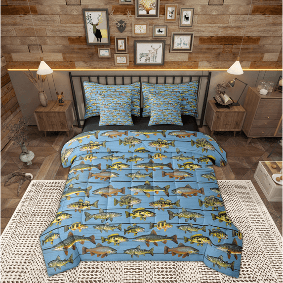 Manfei Fishing And Hunting 7-Piece Twin Bedding Sets,Rustic Farmhouse Cabin Bedding Comforter Set,Bass Big Fish Sheet Sets For Teens Boys,Breathable Home Decor Reversible