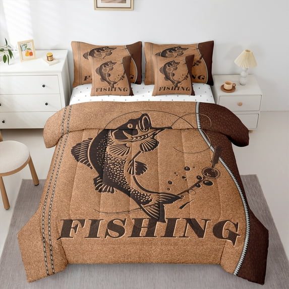Manfei Fishing and Hunting Bedding Comforter Set 7 Pieces for Kids, , Pike Fish Full Bedding Set, Rustic Farmhouse Animal Fitted Sheet Flat Sheet, Super Cozy Room Decor