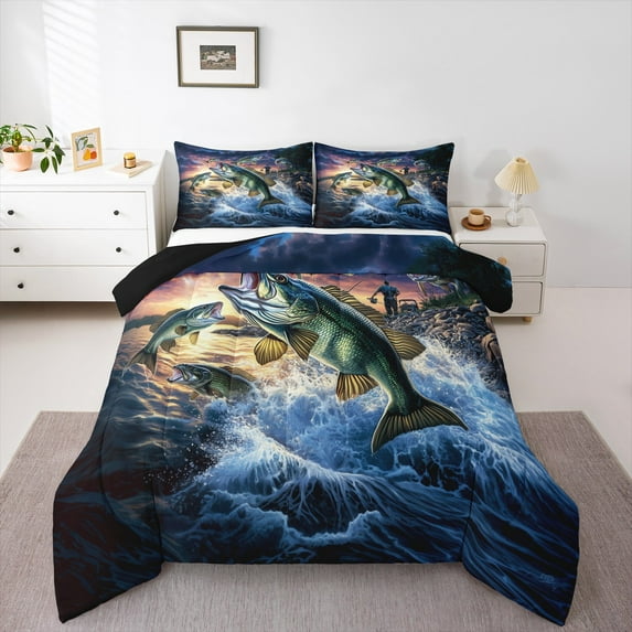 Manfei Fishing And Hunting Bedding Comforter Set,Lake Fish Twin Comforter Sets,Ocean Fish Bedding Set For Teens Boys,Breathable Home Decor Reversible,2-Piece