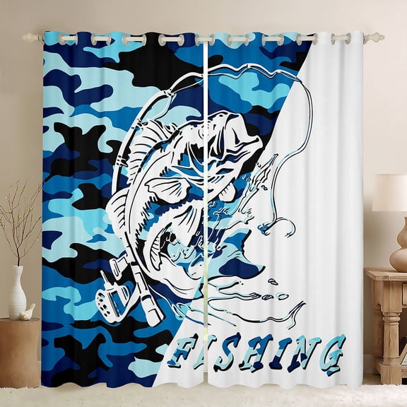 Manfei Fishing Hunting Blackout Curtains Set of 2 (52x84 Each),Blue Camouflage Window Curtains,Bass Fish Curtains and Drapes,Abstract Bedroom Decorative