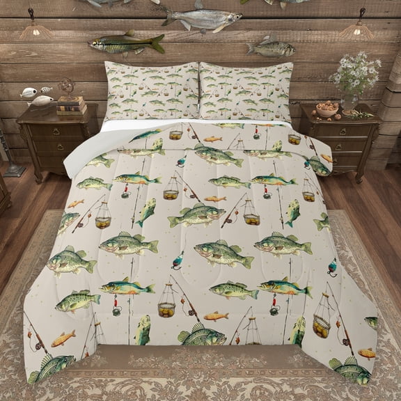 Manfei Fishing And Hunting Queen Comforter Set,Bass Big Fish Bedding Sets,Animals Marine Life Bedding Comforter Set For Teens Boys,Breathable Home Decor Reversible,3-Piece