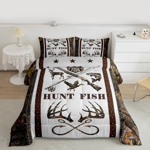 Manfei Fishing and Hunting Queen Comforter Set, Rustic Branches Plant Bedding Sets, Farmhouse Wildlife Bedding Comforter Set, Lightweight Room Decor, 3-Piece