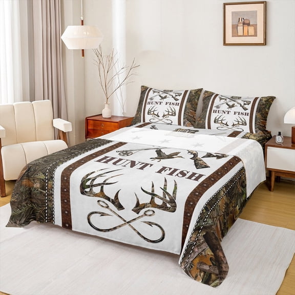 Manfei Fishing and Hunting Queen Sheet Sets, Rustic Branches Plant Flat Sheet, Farmhouse Wildlife Queen Fitted Sheet, Lightweight Room Decor, 4-Piece