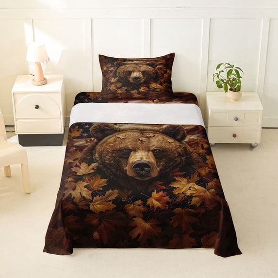 Manfei Flag Fall Leaves Twin Sheets,Rustic Bear Bedding,Red Gold,3pcs,1 Fitted Sheet and 1 Pillowcase