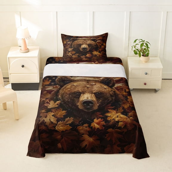 Manfei Flag Fall Leaves Twin Sheets,Rustic Bear Bedding,Red Gold,3pcs,1 Fitted Sheet and 1 Pillowcase
