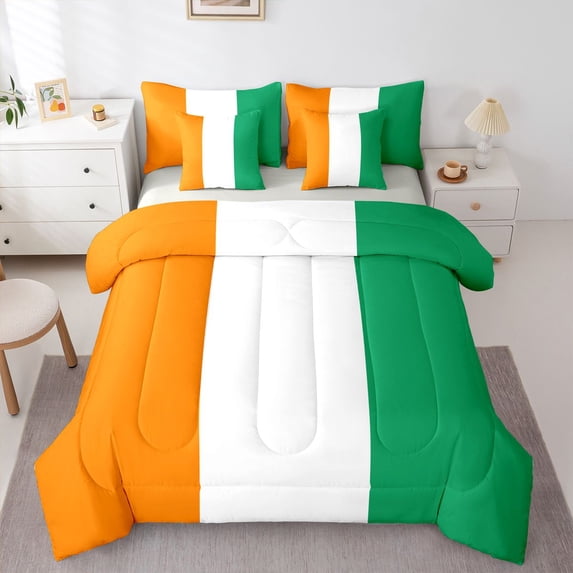 Manfei Flag Of Ivory Coast 7-Piece Twin Bedding,Orange White Green Bedding Comforter Set,Light Gray Reversible