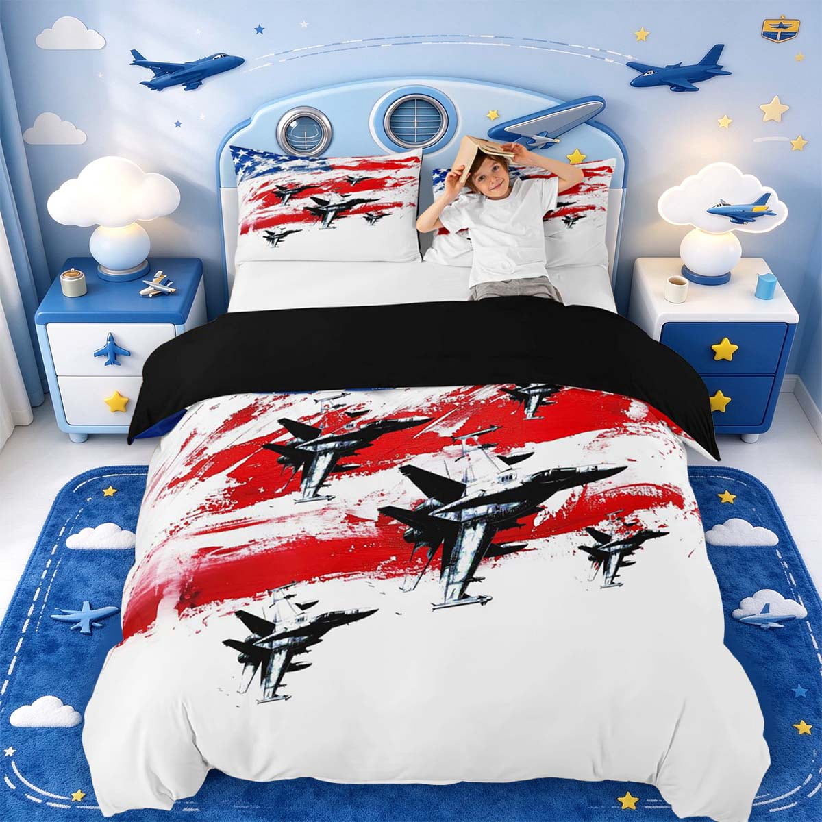 Manfei Flag Print Bedding,Fighter Jet Pattern Duvet Cover Full,Black ...