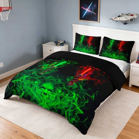 Manfei Flaming Green Skull Bedding, Twin Fire Sword Duvet Cover Full ...