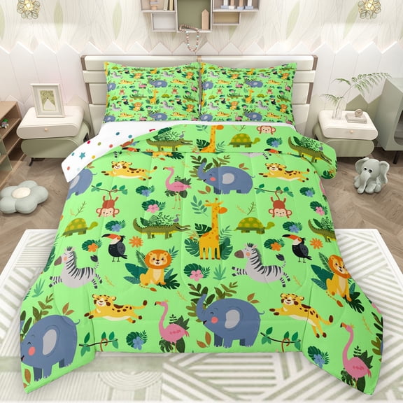 Manfei Flamingo Giraffe Zebra Queen Comforter Set,Tropical Botanical Monstera Leaf Bedding Sets,Cute Elephant Monkey Bedding Comforter Set For Kids,Ultra Soft Home Decor Reversible,3-Piece