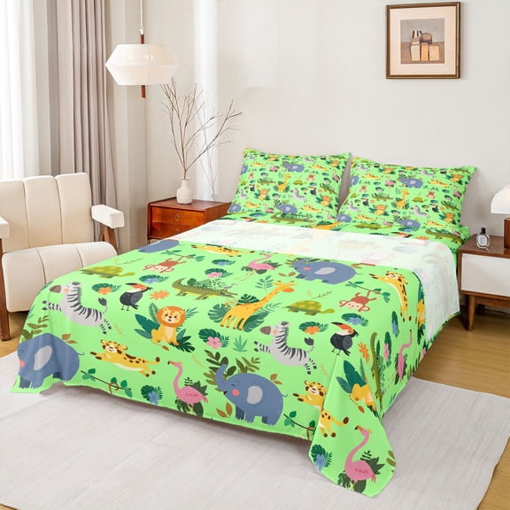 Manfei Flamingo Giraffe Zebra Queen Sheet Sets,Tropical Botanical Monstera Leaf Flat Sheet,Cute Elephant Monkey Queen Fitted Sheet For Kids,Ultra Soft Home Decor,4-Piece