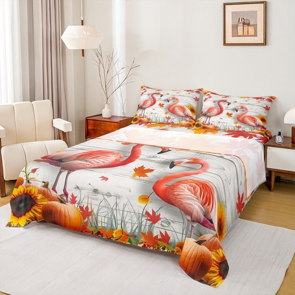 Manfei Flamingo Twin Sheet Sets,Happy Fall Twin Fitted Sheet,Brustic Pumpkin Sunflower Maples Flat Sheet For Teens,Luxury Bedroom Decor,3pcs