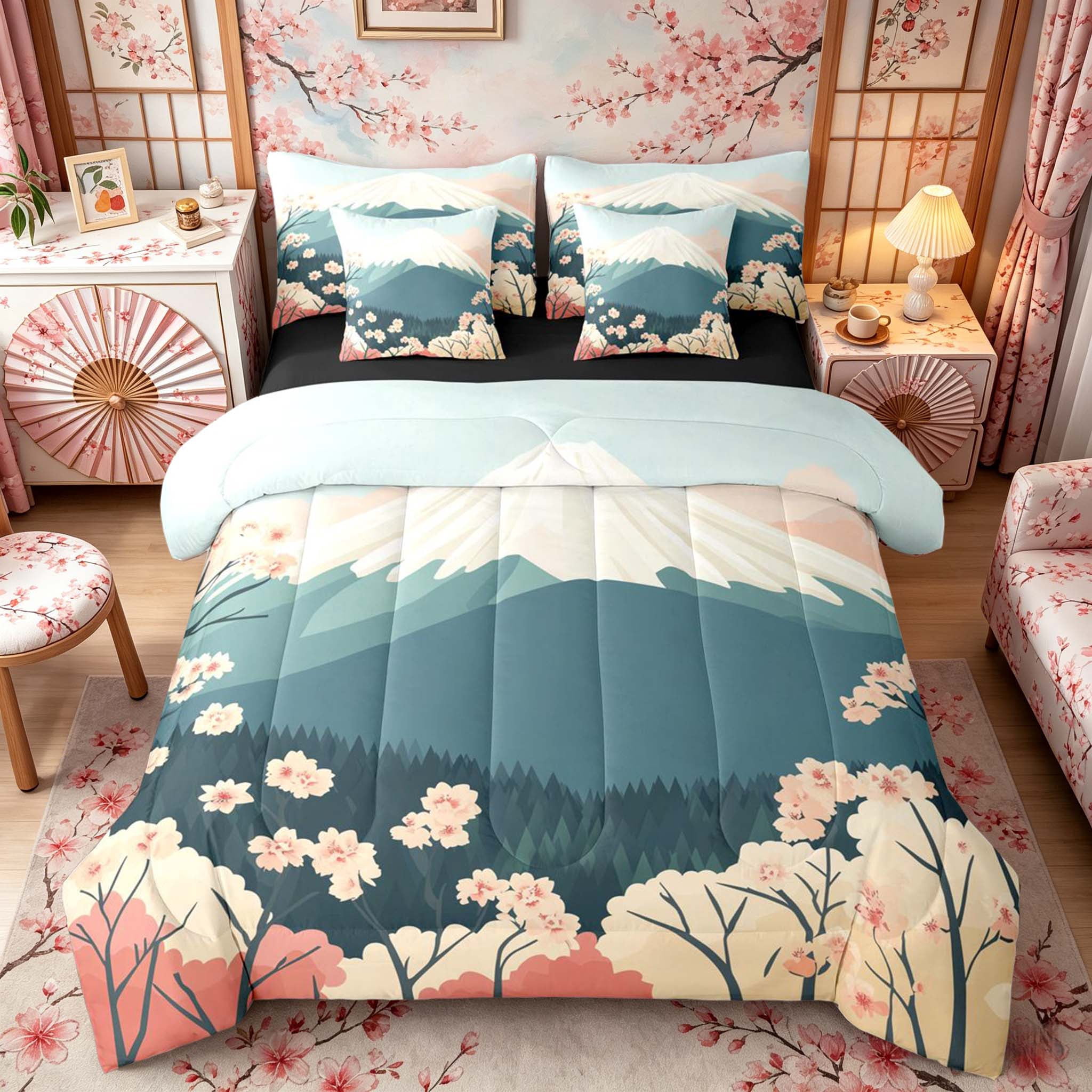 Manfei Flat Fuji Cherry Bedding Comforter Set for Home, Pastel Nature King Bedding Sets for Office, Teal Pink White, Black Reversible 7pcs