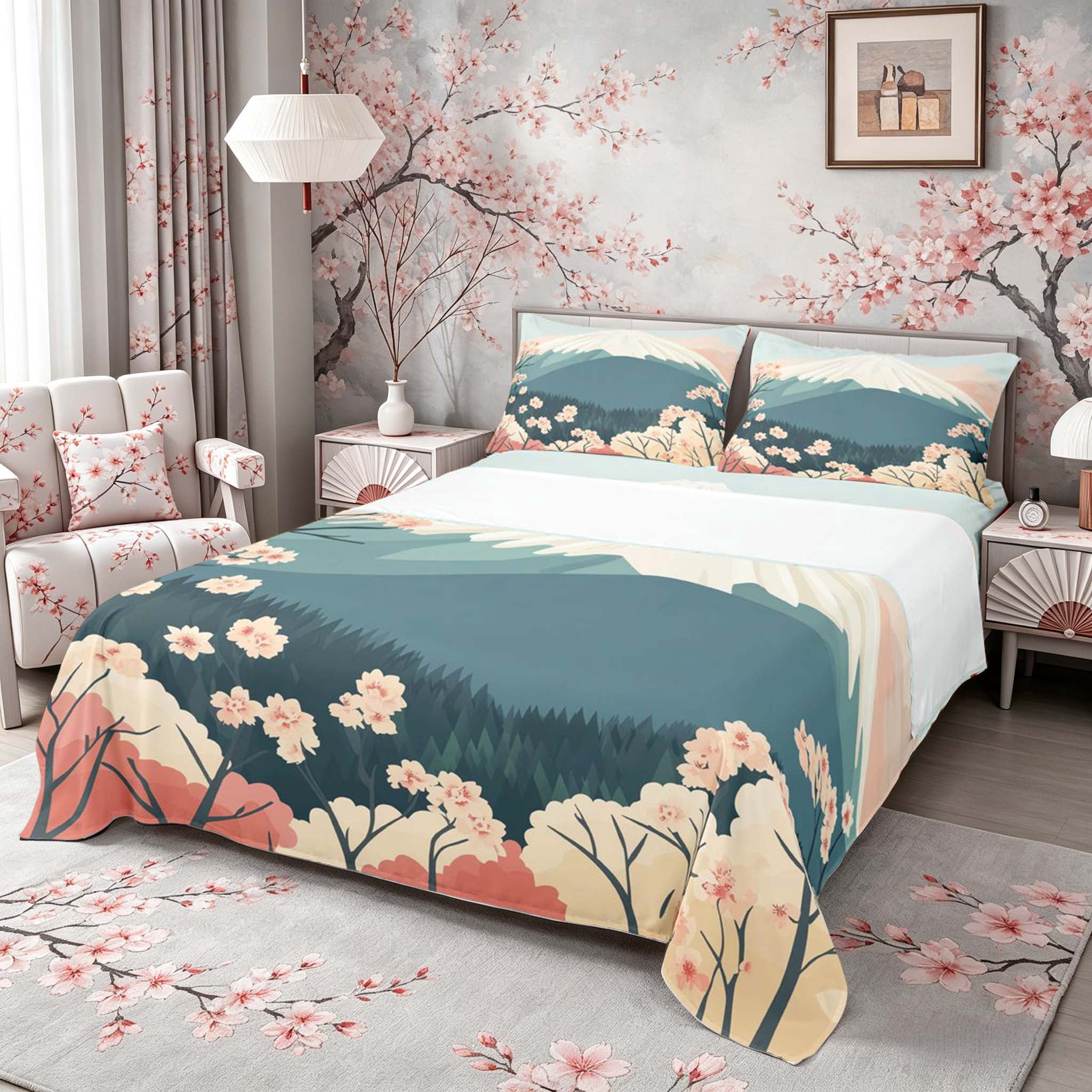 Manfei Flat Fuji Cherry Full Size Sheets for Home, Pastel Nature Bed Sheets for Office, Teal Pink White 4pcs, 1 Flat Sheet, 1 Fitted Sheet and 2 Pillowcases
