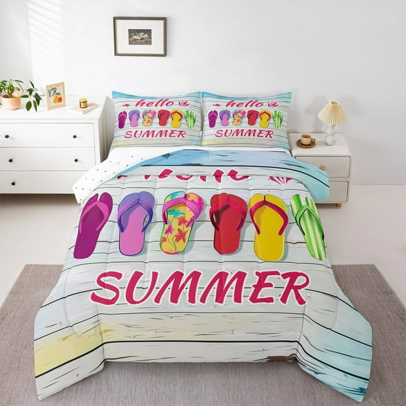 Manfei Flip Flops 3 Pieces Queen Comforter Set,Lodge Cabin Bedding Sets,Summer Holiday Bedding Comforter Set,Super Cozy Ocean Room Decor,Reversible