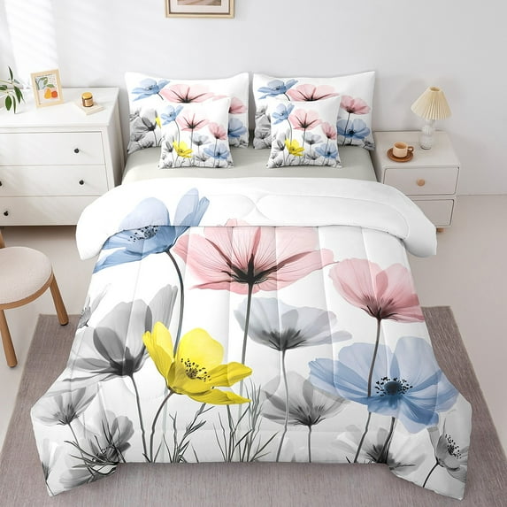 Feelyou Floral Bedding Comforter Set 7 Pieces for Teens Adult, Watercolor Full Bedding Set, Cartoon Flower Fitted Sheet Flat Sheet, Lightweight Bedroom Decorative