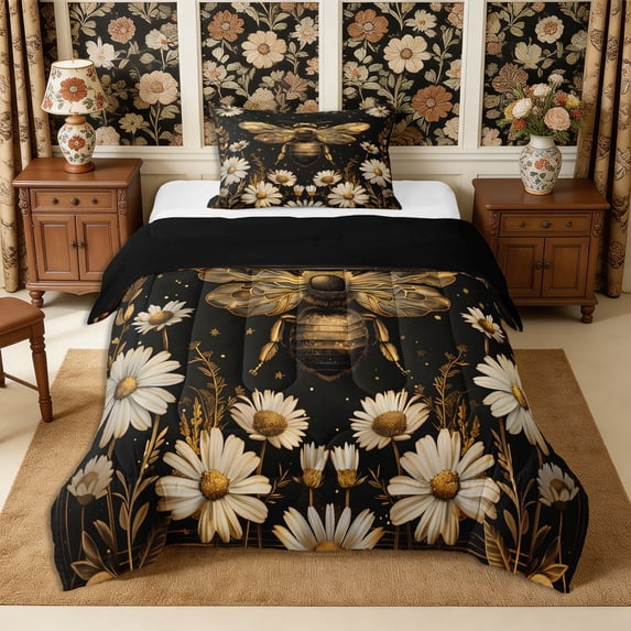 Manfei Floral Bee Twin Comforter Sets 2pcs,Vintage Aesthetics Bedding Set,1 Comforter and 1 Pillowcase,Reversible
