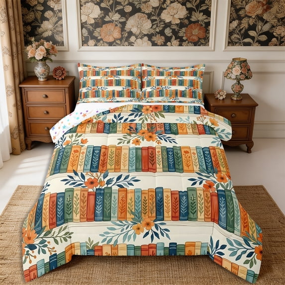Manfei Floral Books Full Size Comforter Sets 3-Piece,Spring Garden Bedding Comforter Set,1 Comforter and 2 Pillowcases,Reversible