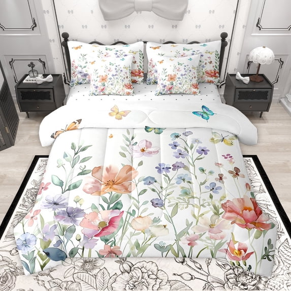 Manfei Floral Butterflies 7pcs Bedding Comforter Set for Female Girls,Spring Graden Queen Bedding Sets Super Cozy,Flowers Blossoms Queen Sheet Sets,Ultra Soft Home Decor
