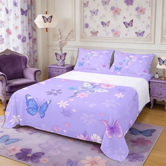 Manfei Floral Butterfly King Sheets 4pcs,Romantic Flowers Bedding,1 Flat Sheet,1 Fitted Sheet and 2 Pillowcases