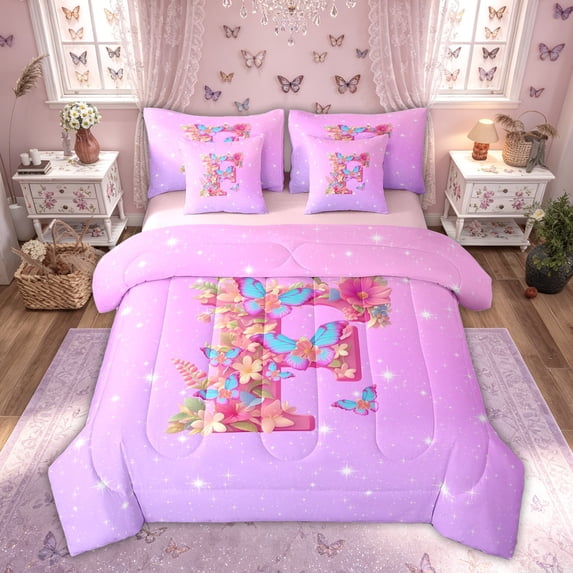 Manfei Floral Butterfly Letter F Twin Bedding Sets, Sparkle Print Pink Bedding Comforter Set for Girls Women, Pink Reversible, 7pcs