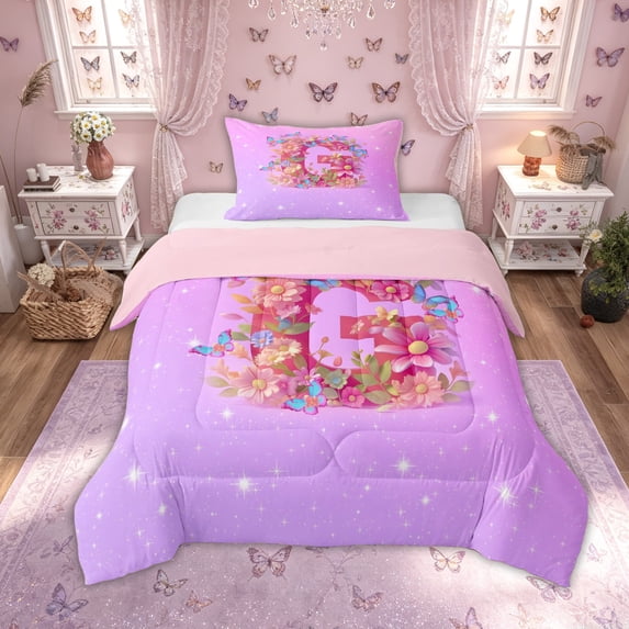 Manfei Floral Butterfly Letter G Twin Comforter Sets, Sparkle Print Pink Bedding Set for Girls Women, Pink Reversible, 2 Pieces