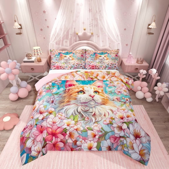 Manfei Floral Cat 2pcs Bedding Comforter Set,Chic Flower Twin Comforter Sets,Kawaii Animal Breathable Bedding Set,Ultra Soft Cartoon Home Decor,Reversible