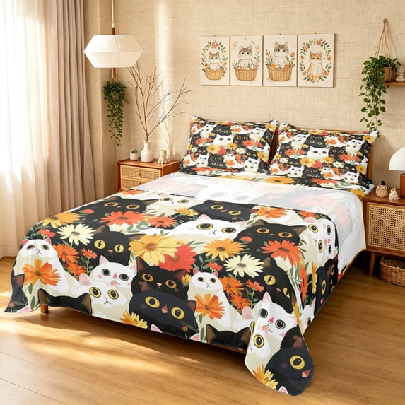 Manfei Floral Cat Bed Sheets, Daisy Pet Full Size Sheets, Multicolor, 4-Piece, 1 Flat Sheet, 1 Fitted Sheet and 2 Pillowcases
