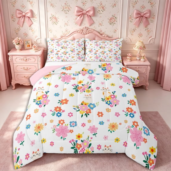 Manfei Floral Cat Queen Comforter Set 3 Pieces,Cartoon Animal Comforter Sets Queen,1 Comforter and 2 Pillowcases,Reversible