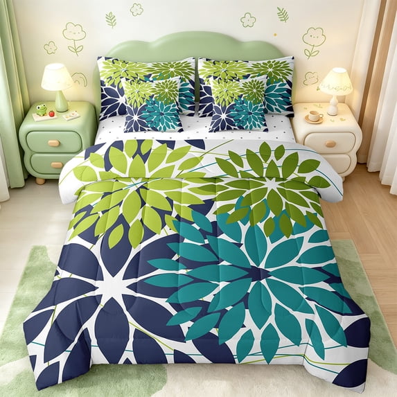 Manfei Floral Dahlia Bed in a Bag Twin Size,Geometric Geometric Flower Bed Set,Blue Green Cyan Bedding Twin Size,Microfiber Bedroom Decor,7 Pieces