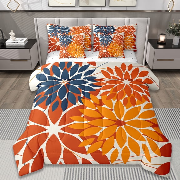 Manfei Floral Dahlia Bed in a Bag Twin Size,Geometric Geometric Flower Bed Set,Orange Blue White Bedding Twin Size,Microfiber Bedroom Decor,7 Pieces