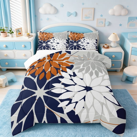 Manfei Floral Dahlia Bedding Sets Twin with Comforter,Geometric Geometric Flower Duvet Insert,Gray Blue White Comforter Sets Twin Size,Microfiber Bedroom Decor,2pcs