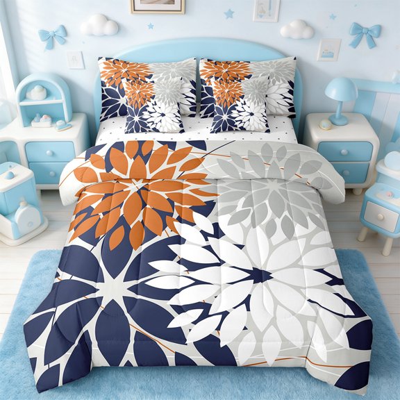 Manfei Floral Dahlia Bedding Twin Size,Geometric Geometric Flower Comforter Sets with Sheets,Gray Blue White Bedding Sets Twin Size,Microfiber Bedroom Decor,7pcs