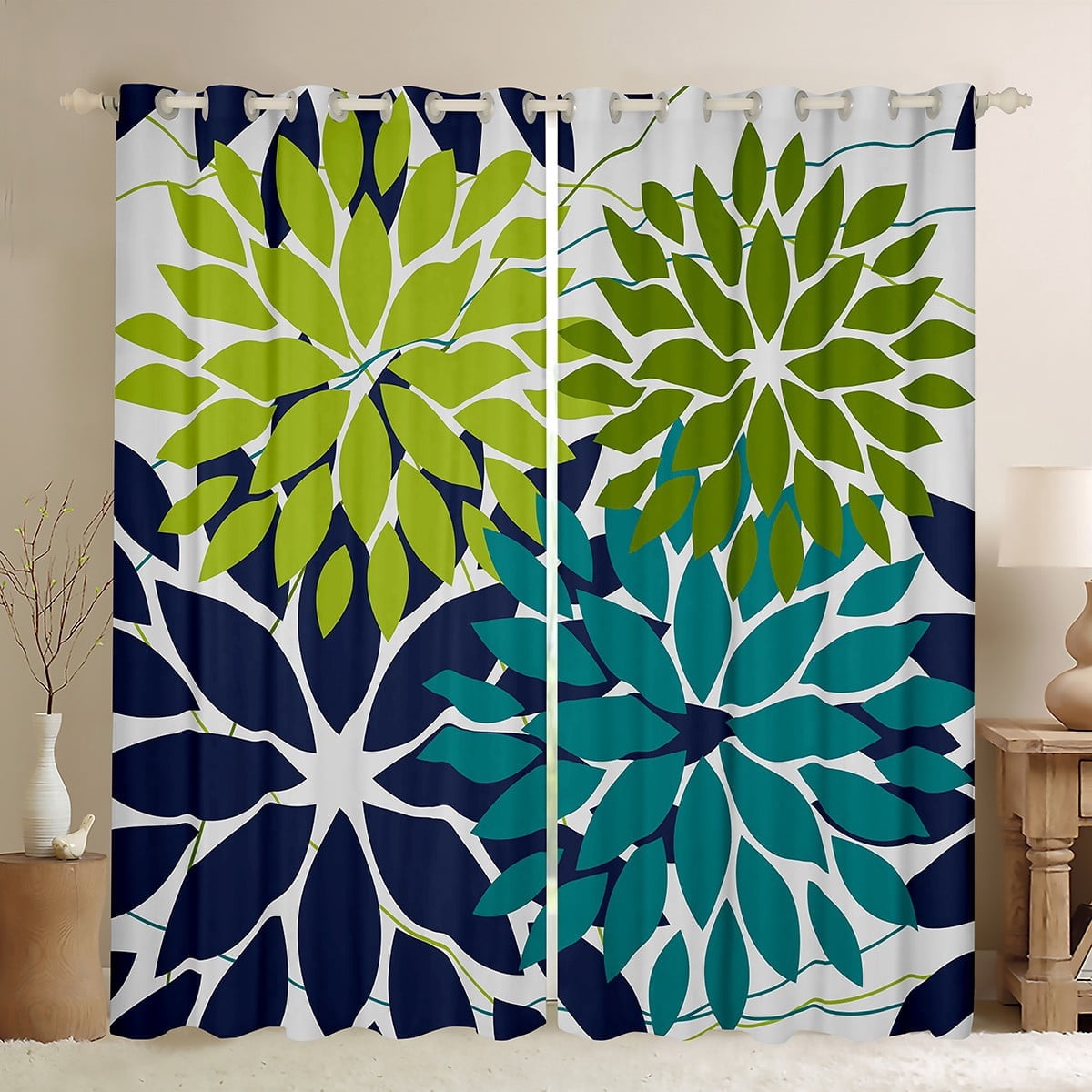 Manfei Floral Dahlia Curtains Pack of 2 (38x54),Geometric Geometric Flower Black Out Curtains,Blue Green Cyan Curtains for Living Room,Microfiber Bedroom Decor