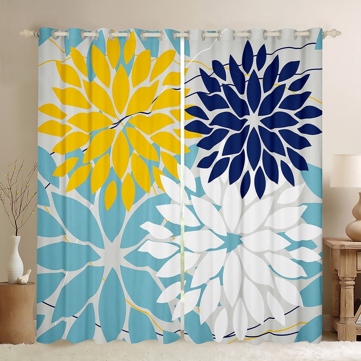 Manfei Floral Dahlia Curtains Pack of 2 (42x63),Geometric Geometric Flower Black Out Curtains,Blue Yellow White Curtains for Living Room,Microfiber Bedroom Decor