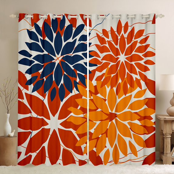 Manfei Floral Dahlia Curtains Pack of 2 (52x63),Geometric Geometry Flower Black Out Curtains,Orange Blue White Curtains for Living Room,Microfiber Bedroom Decor