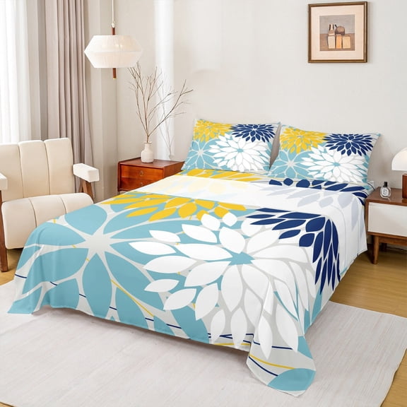 Manfei Floral Dahlia Sheet Set Twin,Geometric Geometric Flower Bedding Sets Twin Size,Blue Yellow White Twin Sheet Sets,Microfiber Bedroom Decor,3-Piece