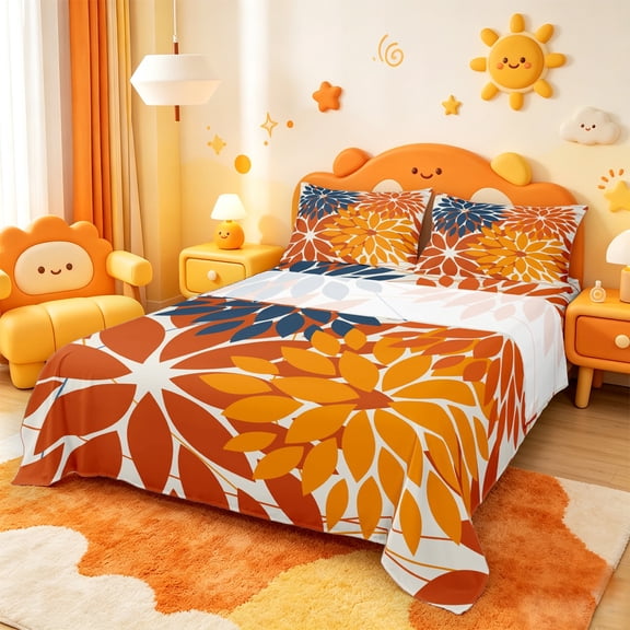 Manfei Floral Dahlia Sheet Set Twin,Geometric Geometric Flower Bedding Sets Twin Size,Orange Blue White Twin Sheet Sets,Microfiber Bedroom Decor,3 Pieces