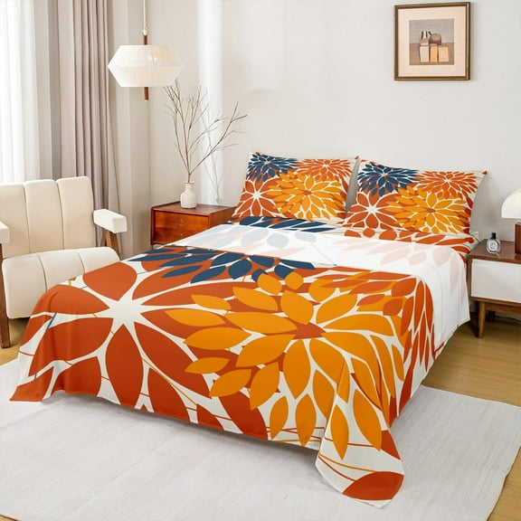 Manfei Floral Dahlia Sheet Set Twin,Geometric Geometric Flower Bedding Sets Twin Size,Orange Blue White Twin Sheet Sets,Microfiber Bedroom Decor,3 Pieces