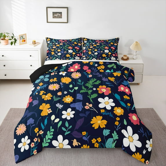 Manfei Floral Daisy 3-Piece Full Size Comforter Sets for Female Women Men,Colorful Flowers Bedding Comforter Set,Spring Graden Lightweight Bedding Sets,Luxury Bedroom Decor,Reversible